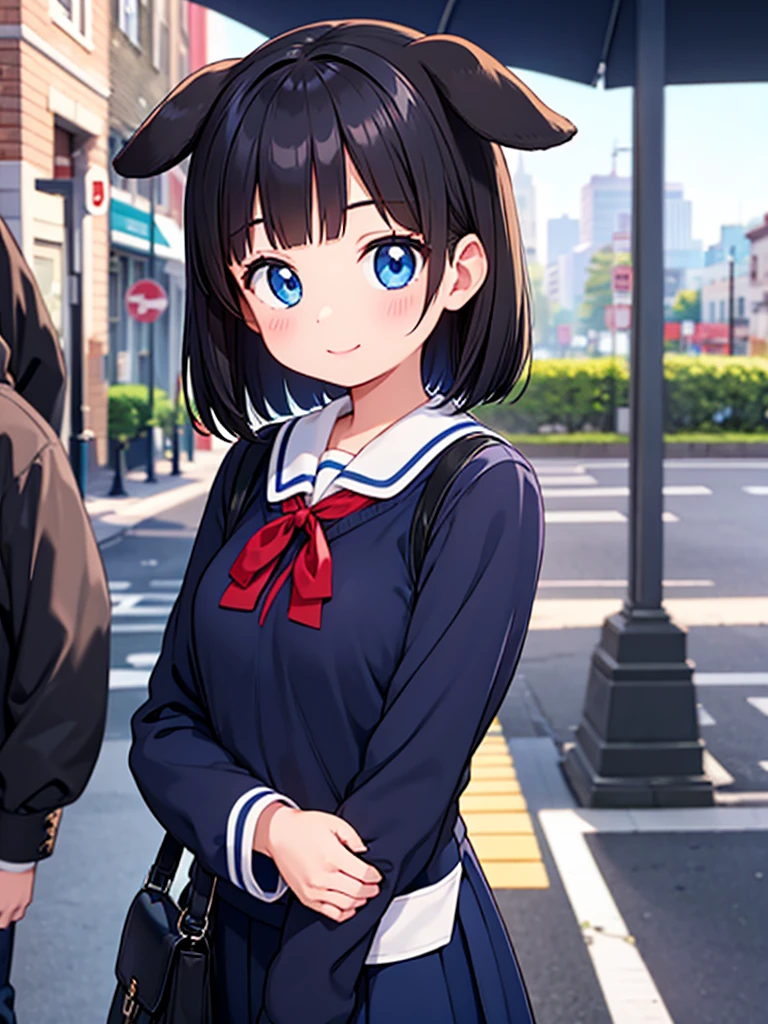 Short black hair Adult female Dog Ears Dark blue colored eyes A student wearing a navy blue sailor uniform with a red ribbon In the city smile