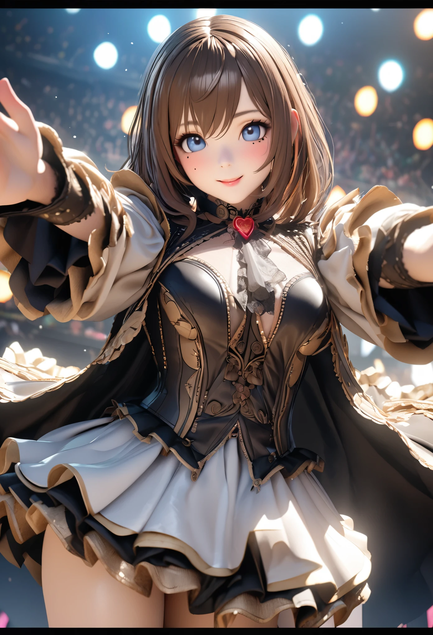 One Girl、Looking at the audience、
Beautiful Blue Eyes、Brown long hair、Mole under the eye、Plump and glossy lips、Heart-shaped choka、Idol、smile、ー、。.。.。.。.。.。.。.。.。.。.。.。.。.。.。.。.。.。.3D、Realistic、
Princess dress with too many frills、Draped clothing、gem、Decorations have been removed、Floral、Lace trim、bright stage、
masterpiece、highest quality、8k、Detailed skin texture、Detailed cloth texture、Beautifully detailed face、Intricate details、Ultra-detailed、
超A high resolution、8k UHD、Film Grain、Best Shadow、Delicate、Staring at the audience、front