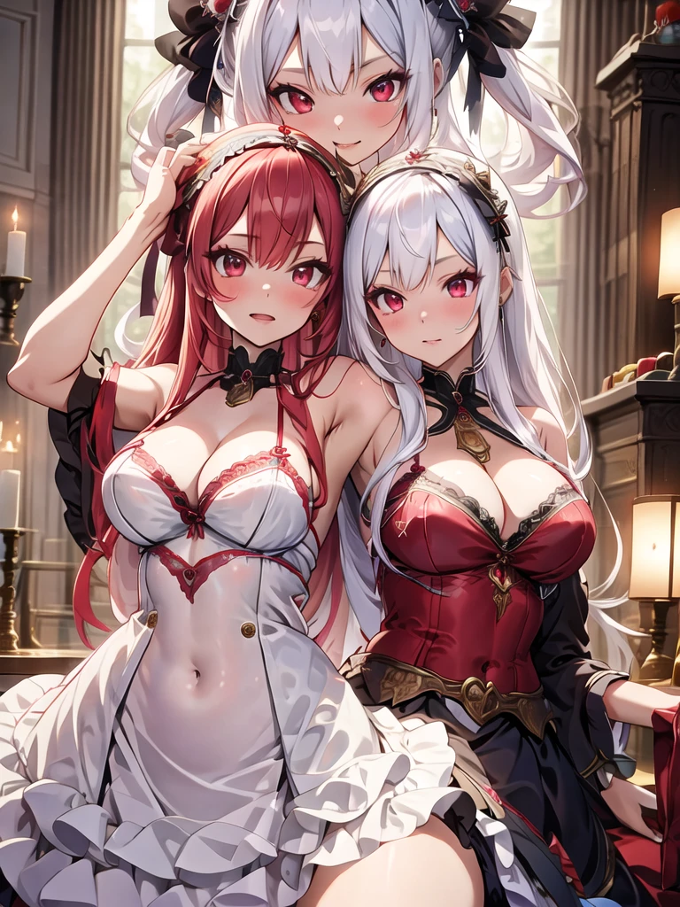 Perfect Anatomy、Detailed eyes、highest quality、Masseter muscle area、Ultra-detailed、8k、Accurate depiction of the human body、Full body angle、Delicately painted face、Woman with beautiful face、Gothic ta Fashion、Black Gothic Loliashion、Black and white outfit、Beautiful silky silver hair:1.5、Big red hair ornament、Red ribbon hair ornament、Big red hair ornament、Are standing、Front Angle、Full body angle、(((Blurred Background:1.5、Photo Studio、Cinema Lighting、Professional Photographer)))