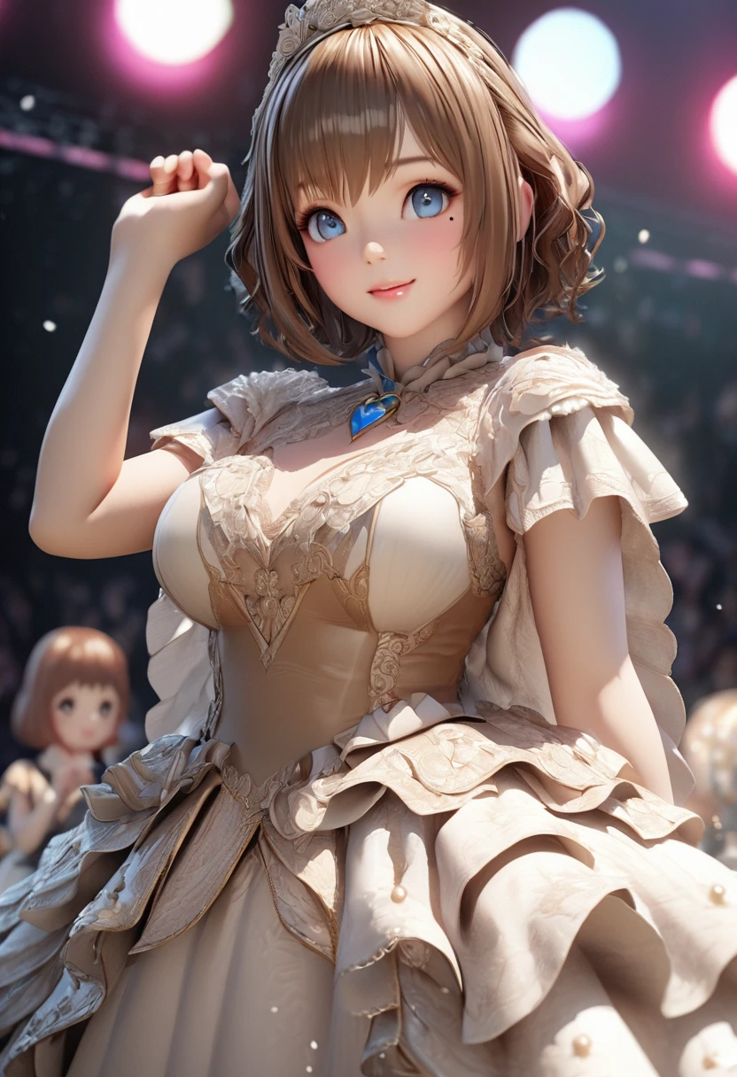 One Girl、Looking at the audience、
Beautiful Blue Eyes、Brown short hair、Mole under the eye、Plump and glossy lips、Heart-shaped choca、Idol、smile、ー、。.。.。.。.。.。.。.。.。.。.。.。.。.。.。.。.。.。.3D、Realistic、
Princess dress with too many frills、Drape clothes、gem、The decoration has been removed、Floral、Lace trim、bright stage、
masterpiece、highest quality、8k、Detailed skin texture、Detailed cloth texture、Beautifully detailed face、Intricate details、Very detailed、
超A high resolution、8K Ultra HD、Film Grain、Best Shadow、delicate、Staring at the audience、front