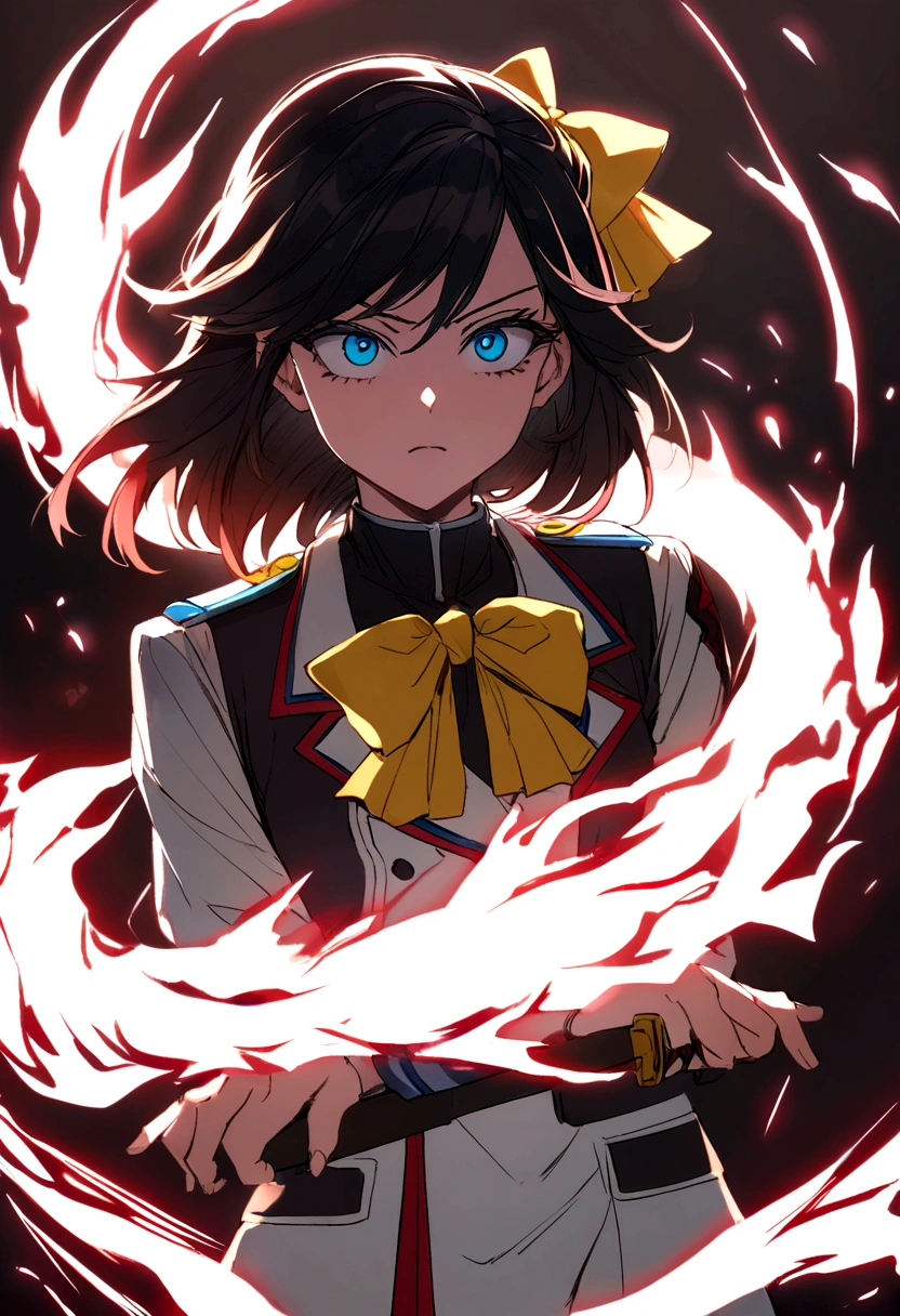 una chica anime de ojos rojos, black hair with pink highlights with a small hair bow with small blue and yellow cubes decorated on the bow, en el lado derecho de la cabeza. Ella viste un uniforme escolar destrozado por un combate. He positions himself with his katana with a fierce gaze while enveloping himself in a flaming dragon ball-type aura...