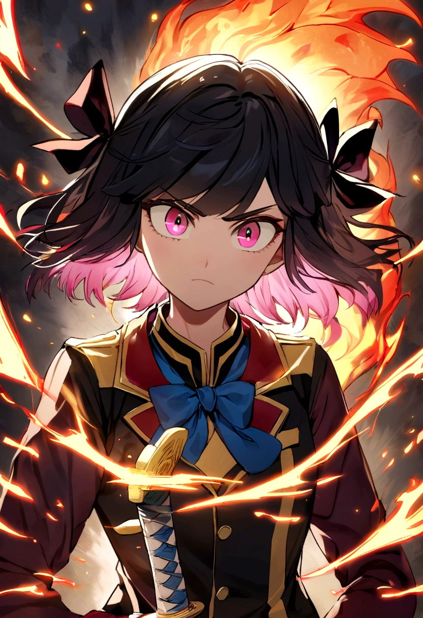 una chica anime de ojos rojos, black hair with pink highlights with a small hair bow with small blue and yellow cubes decorated on the bow, en el lado derecho de la cabeza. Ella viste un uniforme escolar destrozado por un combate. He positions himself with his katana with a fierce gaze while enveloping himself in a flaming dragon ball-type aura...