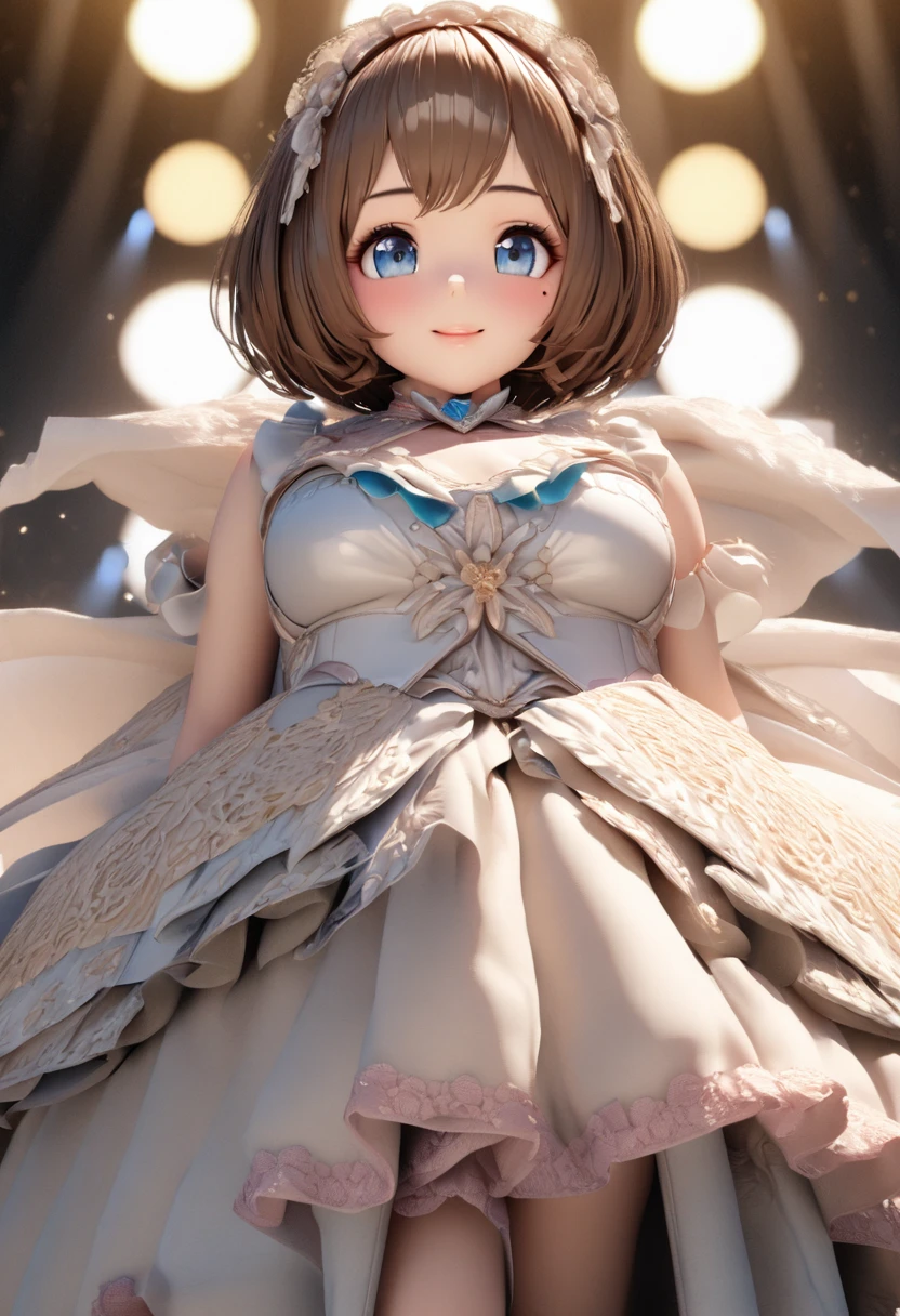 One Girl、Looking at the audience、
Beautiful Blue Eyes、Brown short hair、Mole under the eye、Plump and glossy lips、Heart-shaped choca、Idol、smile、ー、。.。.。.。.。.。.。.。.。.。.。.。.。.。.。.。.。.。.3D、Realistic、
Princess dress with too many frills、Drape clothes、gem、The decoration has been removed、Floral、Lace trim、bright stage、
masterpiece、highest quality、8k、Detailed skin texture、Detailed cloth texture、Beautifully detailed face、Intricate details、Very detailed、
超A high resolution、8K Ultra HD、Film Grain、Best Shadow、delicate、Staring at the audience、front