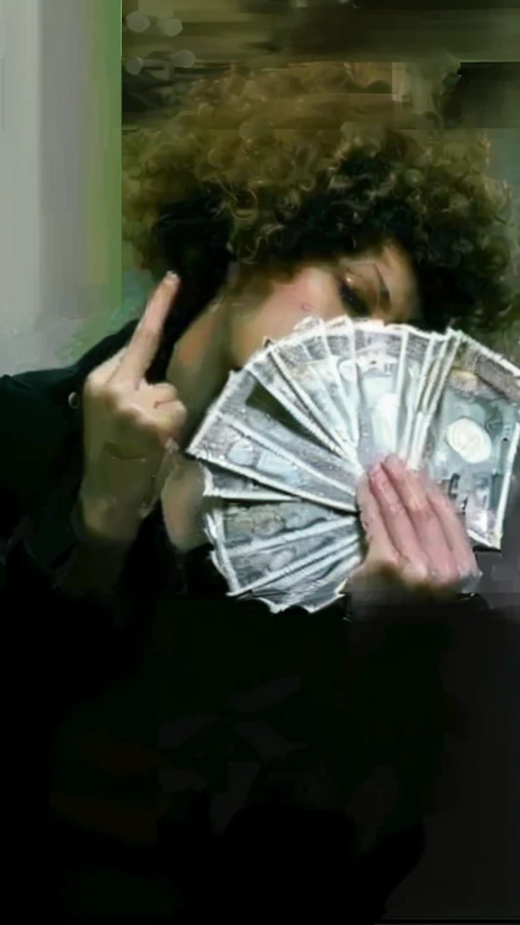 (best quality,4k,8k,highres,masterpiece:1.2),ultra-detailed,realistic,photorealistic:1.37, portrait, money fan covering her face, middle finger, curly afro
