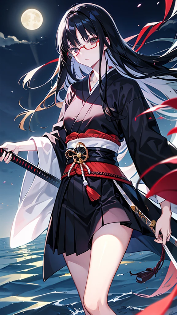 Black Hair Straight Hair Long Hair Glasses Japanese sword moon night lake One girl