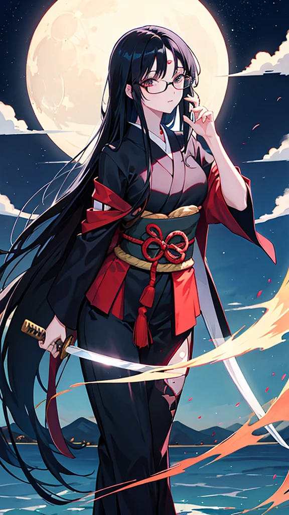Anime girl with long hair and blue eyes in red and black clothes, From the Sengoku period, onmyoji portrait, by Shimo, female Anime characters, By Ren, Anime characters, Wearing old samurai clothes, detailed Anime characters art, by Li Zai, Kantai Collection Style, Full body martial arts, Sengoku period art style