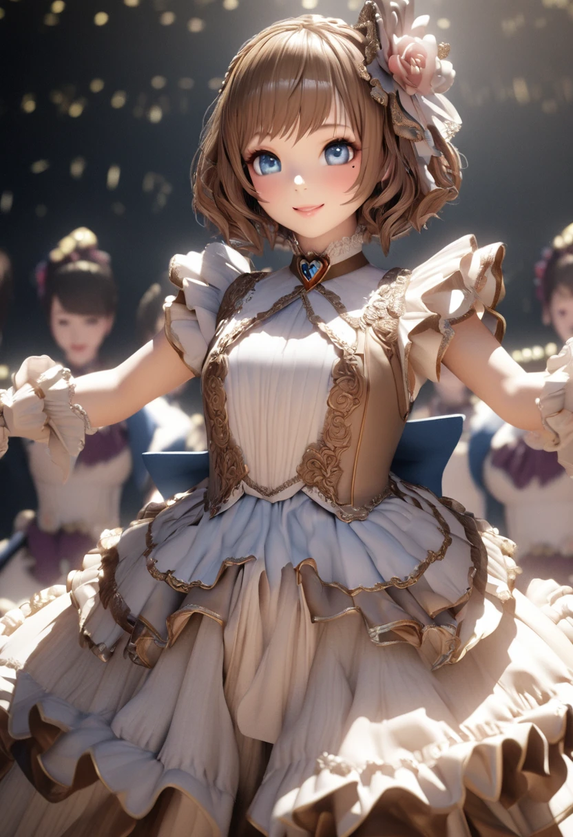 One Girl、Looking at the audience、
Beautiful Blue Eyes、Brown short hair、Mole under the eye、Plump and glossy lips、Heart-shaped choca、Idol、smile、ー、。.。.。.。.。.。.。.。.。.。.。.。.。.。.。.。.。.。.3D、Realistic、
Princess dress with too many frills、Drape clothes、gem、The decoration has been removed、Floral、Lace trim、bright stage、
masterpiece、highest quality、8k、Detailed skin texture、Detailed cloth texture、Beautifully detailed face、Intricate details、Very detailed、
超A high resolution、8K Ultra HD、Film Grain、Best Shadow、delicate、Staring at the audience、front