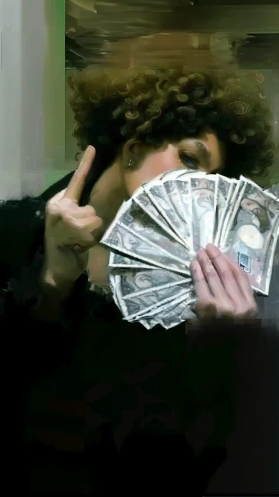 (best quality,4k,8k,highres,masterpiece:1.2),ultra-detailed,realistic,photorealistic:1.37, portrait, money fan covering her face, middle finger, curly afro
