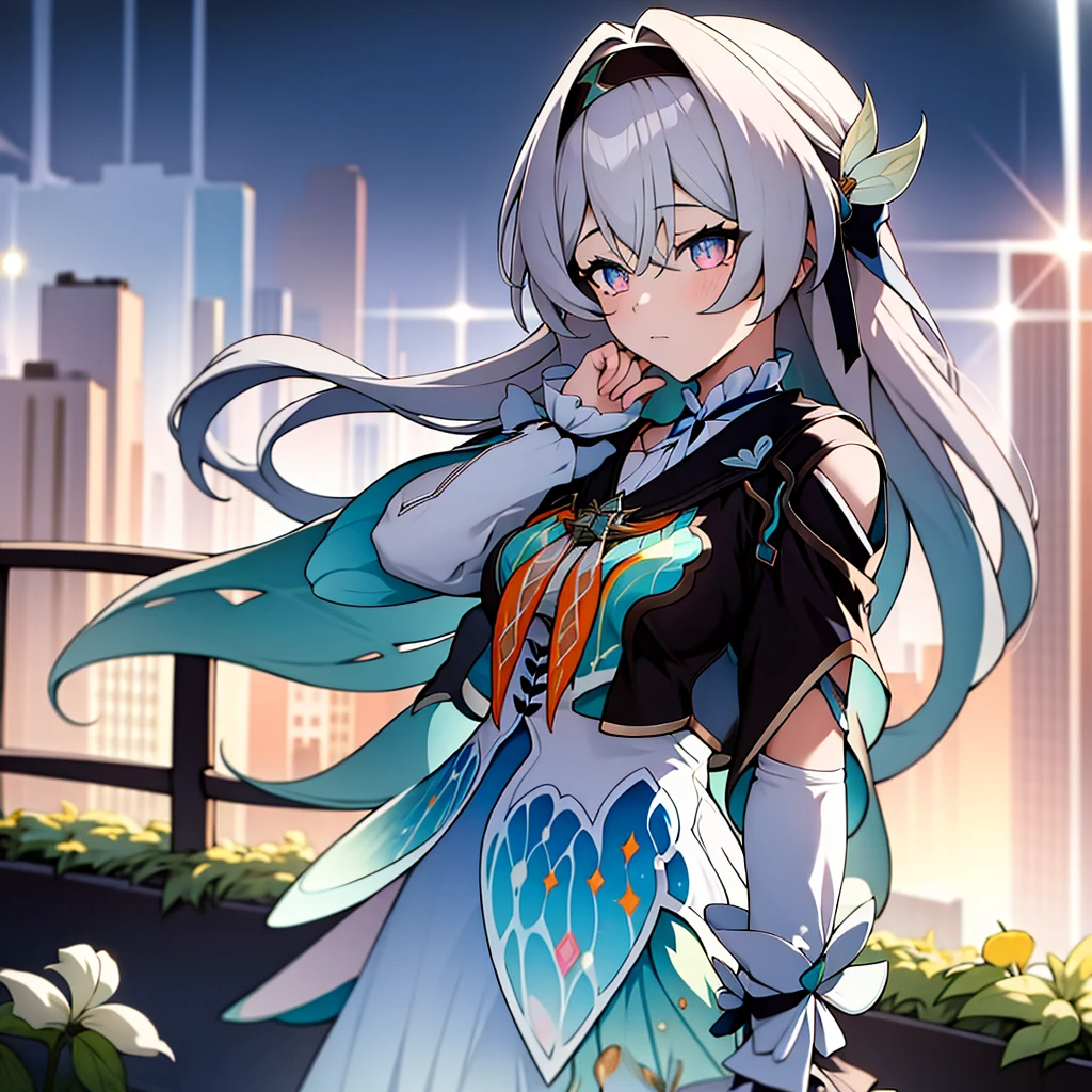 (Masterpiece, best quality:1.2), 1girl, solo, alone, Blue-pink gradient pupils,Brown and light teal,long silver hair,white,sit,look at the audience,(((rain)))(((soaking wet)))(((bunch of flowers))),