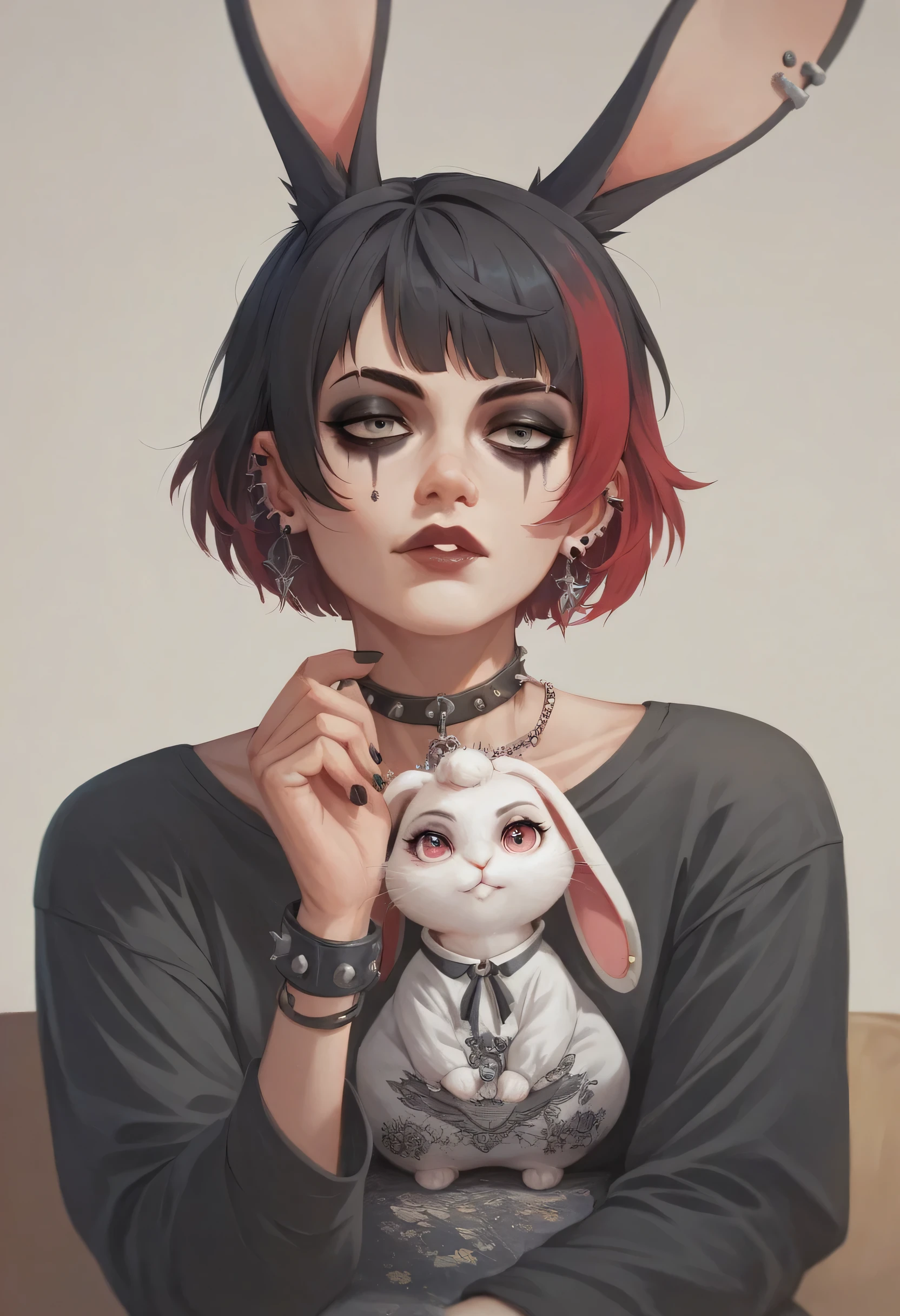 Modernist art, Live-action anime, A girl who loves rabbits, Sitting with a rabbit, Egon Schiele, Emo art, Otherdimensional, Portrait art by Jakub Rebelka、highest quality、Highest quality