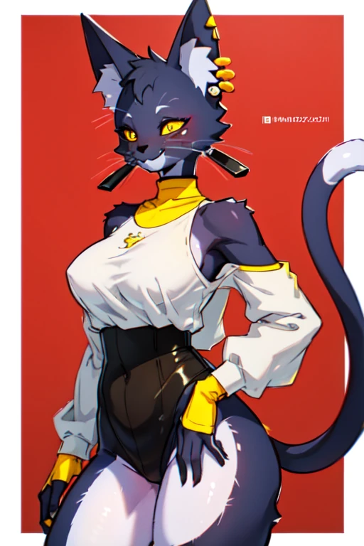 furry female, yellow eyes, animal nose, cat ears, yellow sclera, cat girl, body fur, felid, two-tone fur, multicolored fur, cat tail, black fur, white fur, animal ear fluff, 1girl, furry, solo, breasts, animal ears, looking at viewer, smile, jewelry, blush, earrings, half-closed eyes, shirt, white shirt, piercing, :3, large breasts, ear piercing, cafe background, bare shoulders, cowboy shot