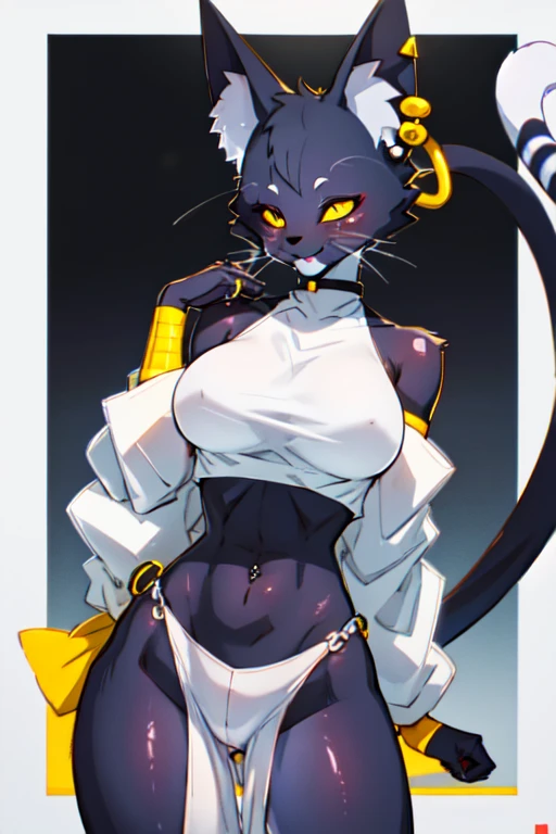 furry female, yellow eyes, animal nose, cat ears, yellow sclera, cat girl, body fur, felid, two-tone fur, multicolored fur, cat tail, black fur, white fur, animal ear fluff, 1girl, furry, solo, breasts, animal ears, looking at viewer, smile, jewelry, blush, earrings, half-closed eyes, shirt, white shirt, piercing, :3, large breasts, ear piercing, cafe background, bare shoulders, cowboy shot