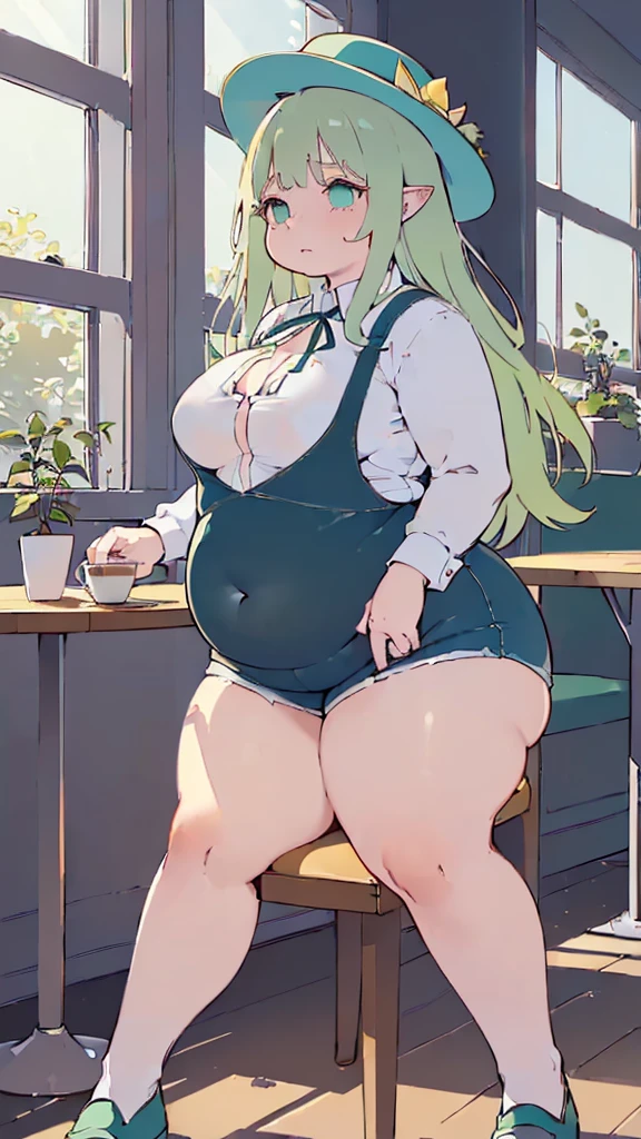 (flat:1.5),(cafe, window, sunlight, table, chair, sedentary:1.5) (big ass, thick thighs:0.7), (warm light source:1.2), intricate details, volumetric lighting, Realism BREAK(masterpiece:1.2), (top quality), 4K, ultra detail, (Dynamic configuration:1.4), Very detailed and colorful details,(rainbow colors:1.2), (shining lights, atmospheric lighting), dreamy, magical, (alone:1.2), intricate details, cheeky expression, (big breasts:1.5), (green eyes:1.5), (a devastated expression, dead eyes, dark atmosphere:1.5), (Green long hair:1.5), (shoes, buttoned dress shirt, Small hat,Small and tight denim shorts:1.5), (chubby, thick thighs,thick ass:1.5), (beautiful eyes, flushing:1.5),(human ear,thin legs:1.5),(chair에 sedentary, diagonal shot:1.5), (embarrassing:1.5),(diagonal shot:1.5)