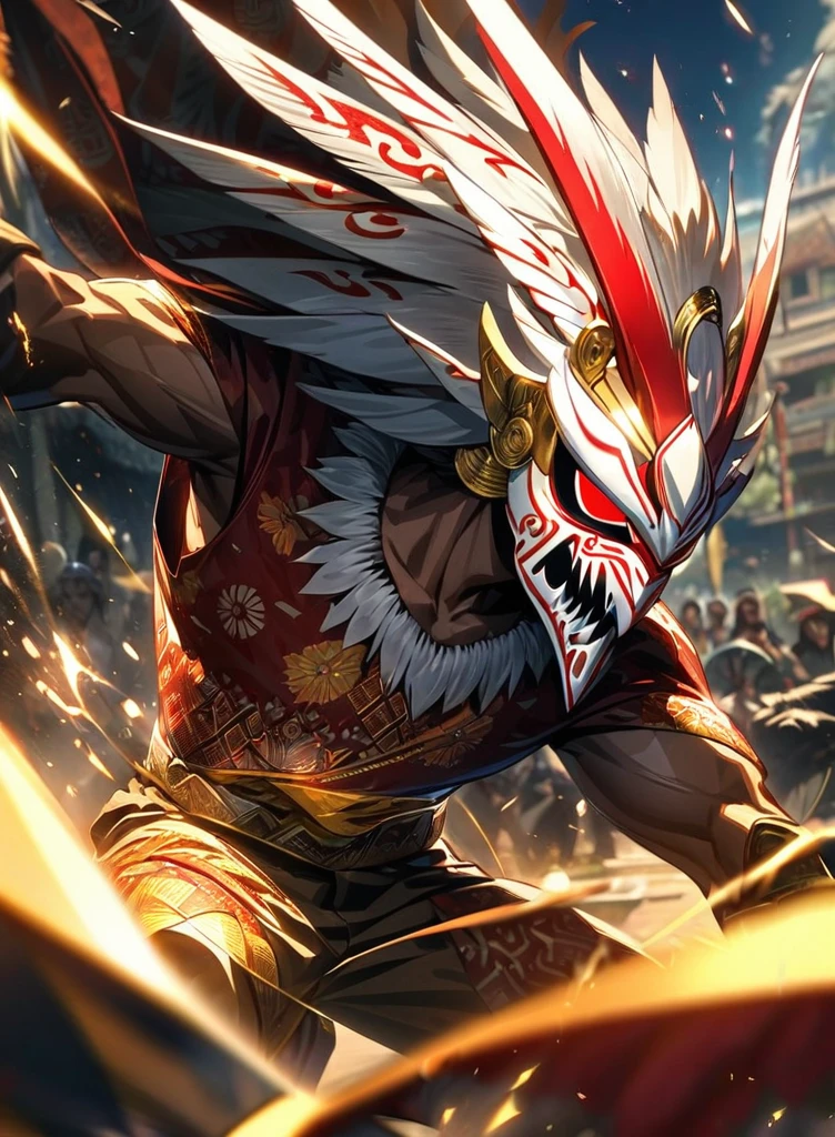 ,absurdres, highres, ultra detailed, HDR, masterpiece, extremely detailed face and eyes,Indonesian Super Hero costume,,red and white Garuda costume, Garuda eagle mask, , Indonesia batik pattern , solo, man, handsome, ,, , Epic fight scene, golden splashing effect, golden effect,glowing glitters