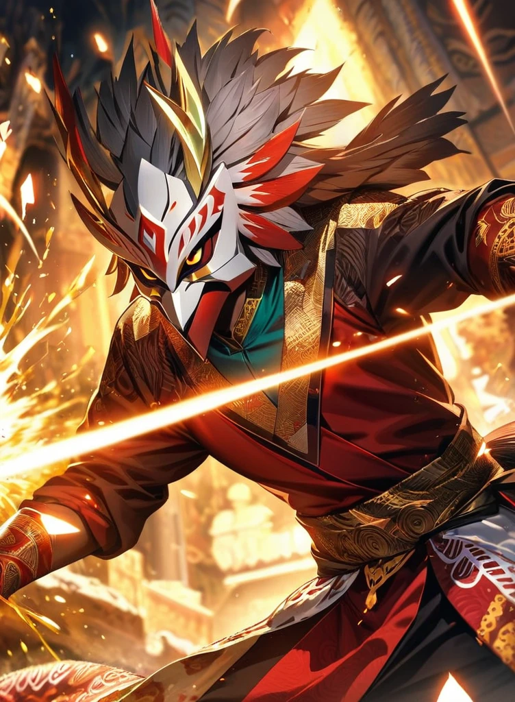 ,absurdres, highres, ultra detailed, HDR, masterpiece, extremely detailed face and eyes,Indonesian Super Hero costume,,red and white Garuda costume, Garuda eagle mask, , Indonesia batik pattern , solo, man, handsome, ,, , Epic fight scene, golden splashing effect, golden effect,glowing glitters