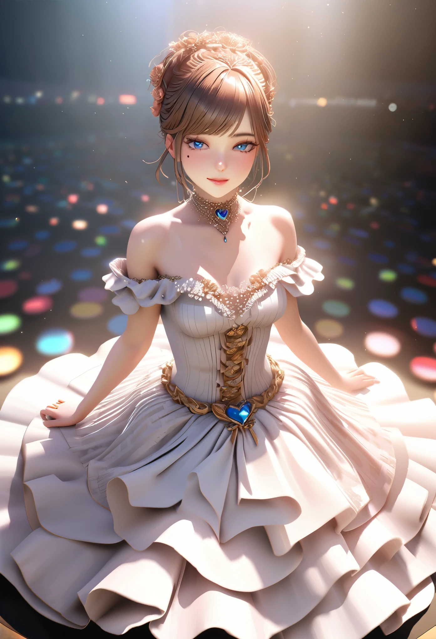 One girl, looking at the audience,
beautiful blue eyes, brown short hair, mole under eye, plump glossy lips, heart shaped choker, idol, smiling, . . . . 3D, realistic,
princess dress with too many frills, draped clothes, jewels, embellishments stripped away, floral patterns, lace trim, bright stage,
masterpiece, best quality, 8k, detailed skin texture, detailed fabric texture, beautifully detailed face, intricate details, highly detailed,
ultra high resolution, 8K Ultra HD, film grain, best shadows, delicate, looking at the audience, front