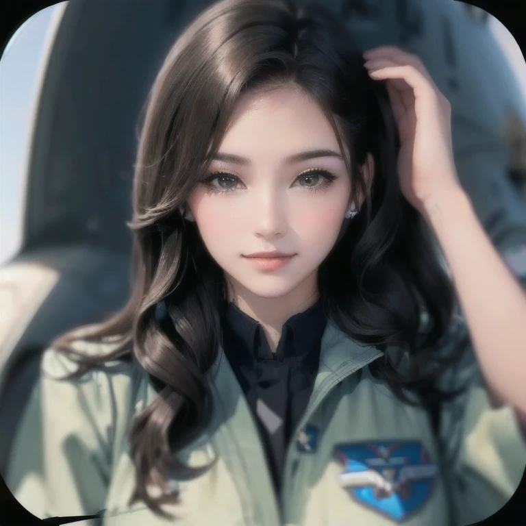a beautiful girl, sexy, pilot, posing on a fighterjet, perfect face, long brown wavy hair,united states air force female pilot