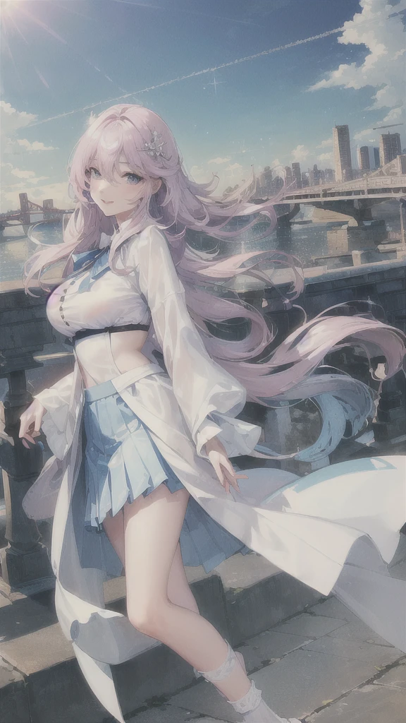 official art, masterpiece, sharp focus, (beautiful gorgeous cute Korean woman:1.3), (beautiful cute korean:1.3), korean beauty, Delicate and beautiful hair and eyes and face, realistic, ultra detailed, beautiful girl, blue sky, glow white particle, (sidelighting:1.2), sun light, white cloud, detailed clouds, slender, Lovely very large breasts and very large hips, smile with teeth, ((smile with eyes, open both eyes)), scenery, long straight hair, sexy facial expression, building, (cityscape:1.7), dynamic hair, long straight hair, detailed platinum pink hair, glow blue eyes, (blue pleated shirts + white skirt), white long socks, pale skin, hair ornament, epic scenery,