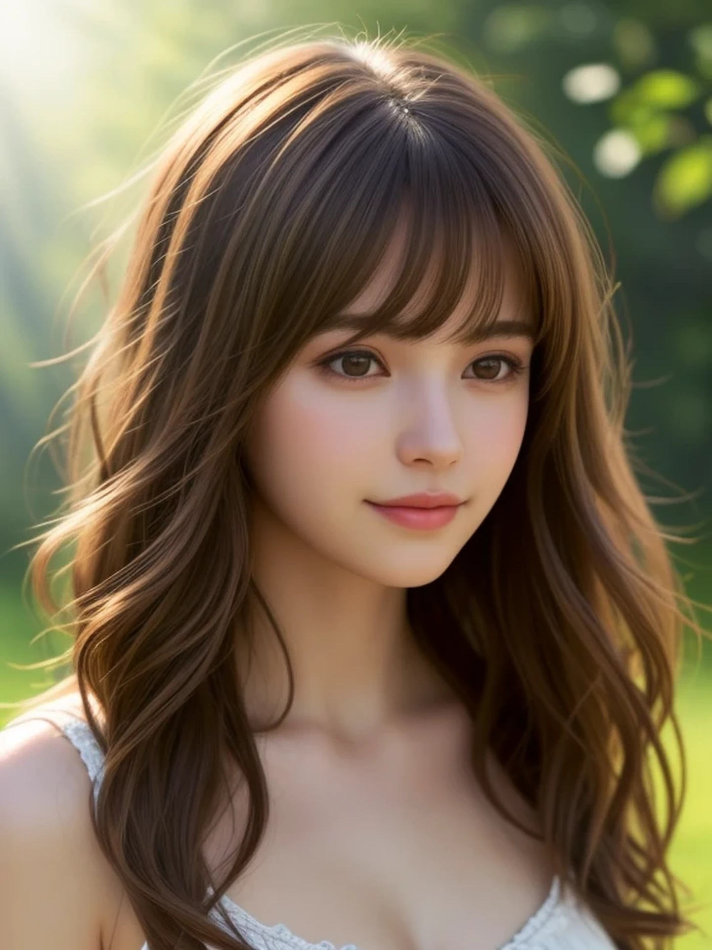 (looking away:1.4), (upper body shot:1.2), Realistic digital painting of a woman portrait, Shy,  Cute, Shy smile, brown eyes,  (Wavy medium Hair:1.1), (light brown brunette hair:1.3), bangs, (Highly detailed skin:1.2), Mystical style, Global Illumination,