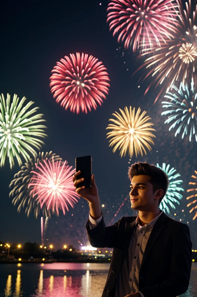 text with your camera
A young man was filming a fireworks display using his mobile phone