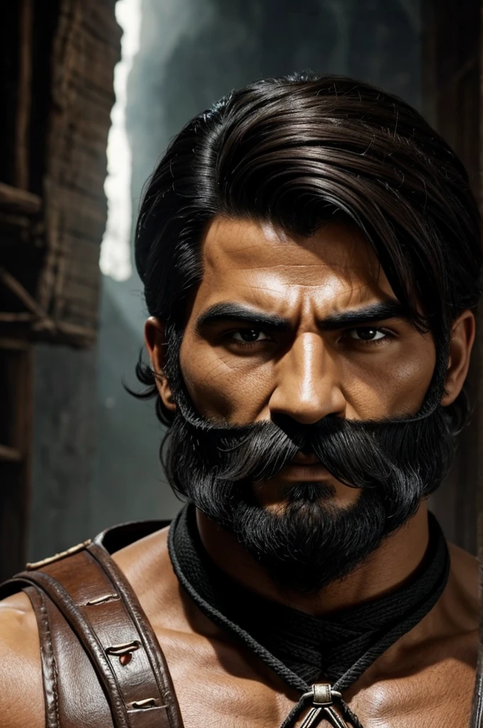 Haz un hombre guapo, de cabello negro corto liso, con una barva de perilla corta en la barbilla, realista, es un personaje de Mortal Kombat 