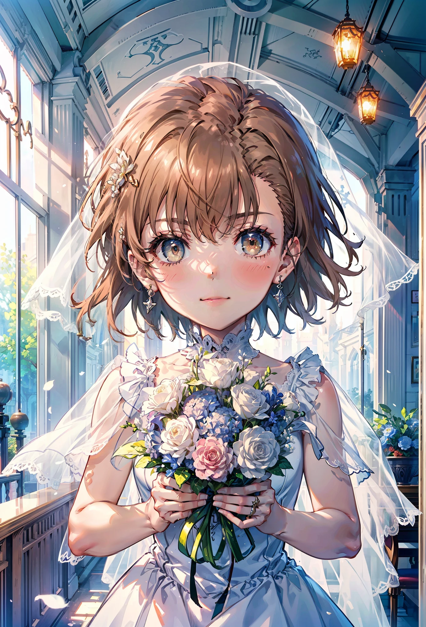 8k,highest quality,masterpiece,(((Pixel Perfect, Perfect in every detail))), alone, 1 girl, ,Mycotrose, Brown eyes,Brown Hair,short hair,Open your mouth,smile,blush,Flower Hair Ornaments,Veil,Wedding dress,Wedding Skirts,Holding a large bouquet in both hands,Flower Storm, break indoors, Chapel,Association, break looking at viewer, whole body,(Cowboy Shot:1. 5) , break (masterpiece:1.2), highest quality, High resolution, unity 8k wallpaper, (shape:0.8), (Beautiful details:1.6), Highly detailed face, Perfect lightでg, Highly detailed CG, (Perfect hands, Perfect Anatomy),