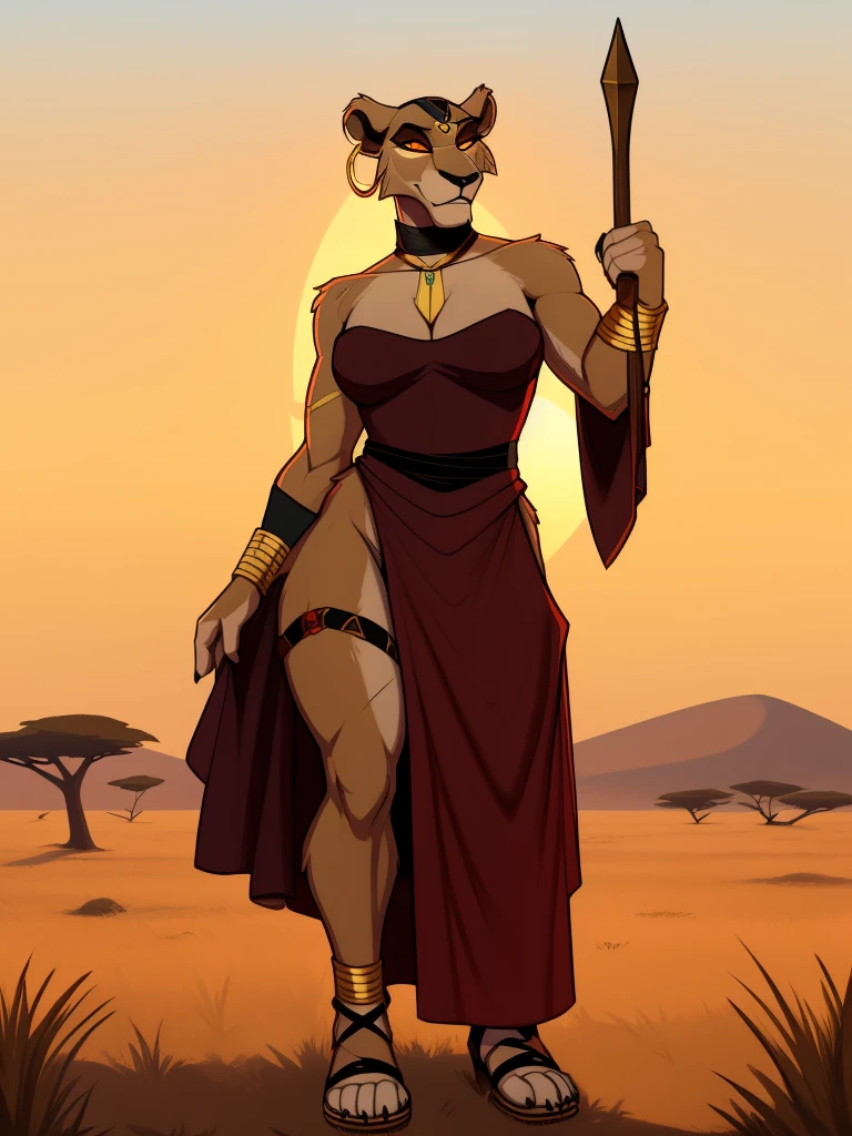 Tall_muscular_mature_lion female scars red_irises yellow_sclera hazy_sky savanna solo Masterpiece best_quality absurdres highly_detailed cleanly_drawn_eyes anthro_only by_claweddrip, by_greasymojo, by_underscore-b, by_runawaystride circlet bracers gorget neck_hoops hoop_earrings medieval_gown gladiator_sandals