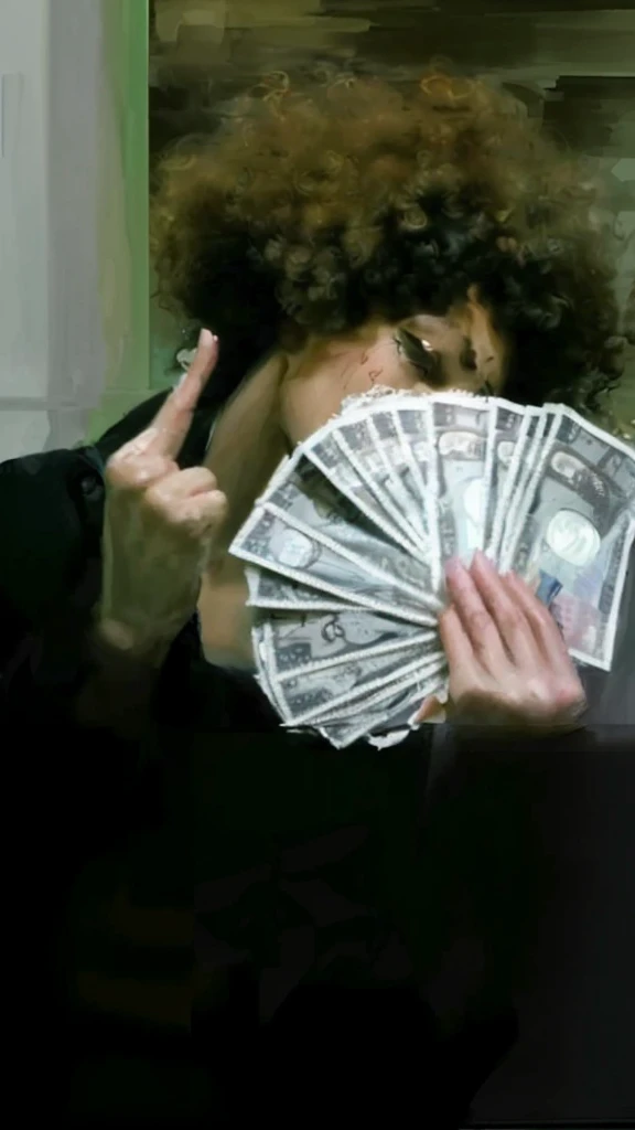 (best quality,4k,8k,highres,masterpiece:1.2),ultra-detailed,realistic,photorealistic:1.37, portrait, money fan covering her face, middle finger, curly afro