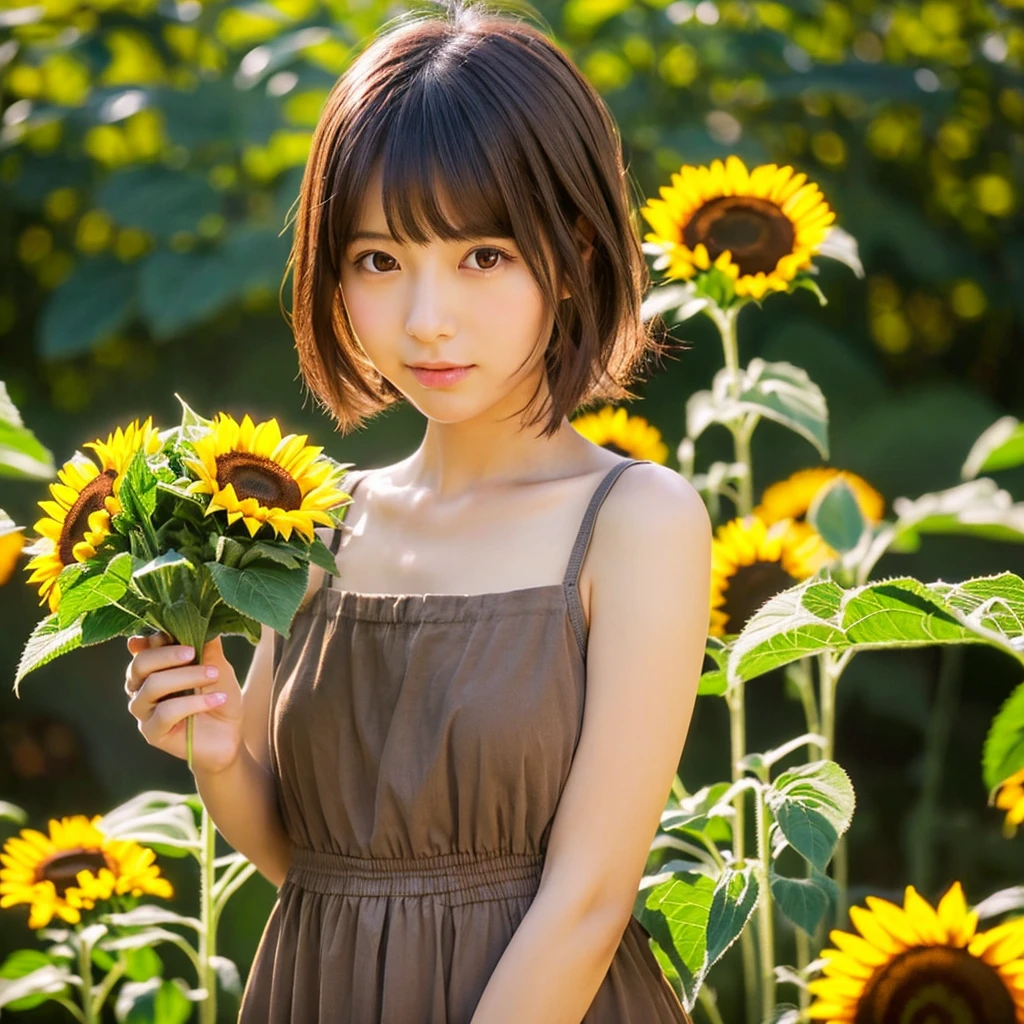 8K、 beautiful girl、A dark-haired、detailed beautiful faces、very short pants, A field of sunflowers
、Very strong wind、decolletage、Sit on the buttocks