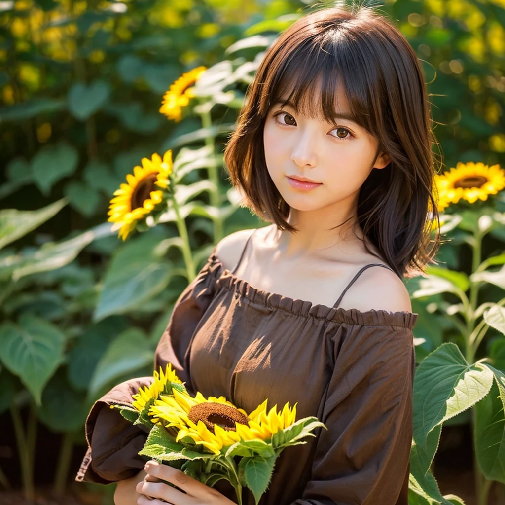 Create an image of a Japanese girl with dark brown hair. She is holding a bouquet of sunflowers. The girl's facial expression is sweet and gentle, and she wears the same outfit as in the reference image. Maintain the same background and lighting, preserving the overall ambiance of the scene. The style should be realistic with a touch of anime aesthetics."