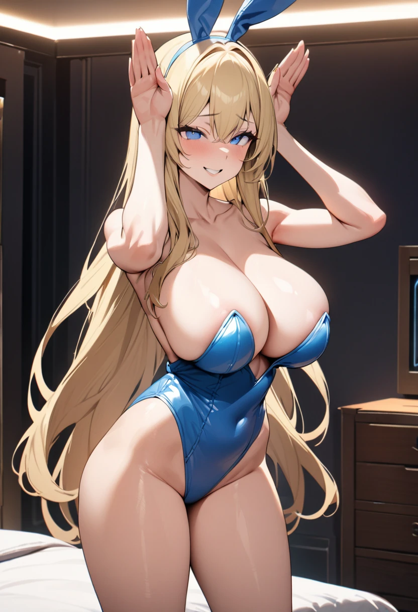 ((highest quality)),masterpiece, One adult woman, Big Breasts, solo, Long Hair, Blonde,((blue eyes)),tall, Bunny girl,Bunny costume,Shoulder Bare,leotard,smile,Trance,Rabbit Pose,Standing posture,Bedroom,
