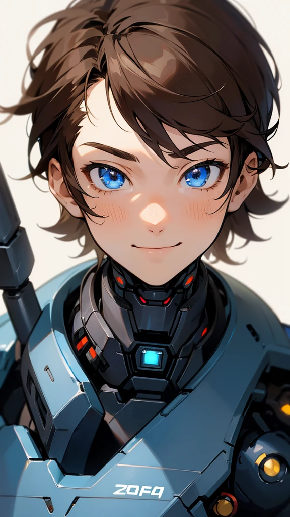 Anime boy, brown hair, blue eyes, smile, teen boy, cyborg, detail cyborg, cute face, muscle