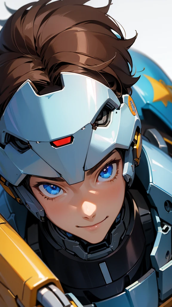 Anime boy, brown hair, blue eyes, smile,  boy, cyborg, detail cyborg, cute face, muscle