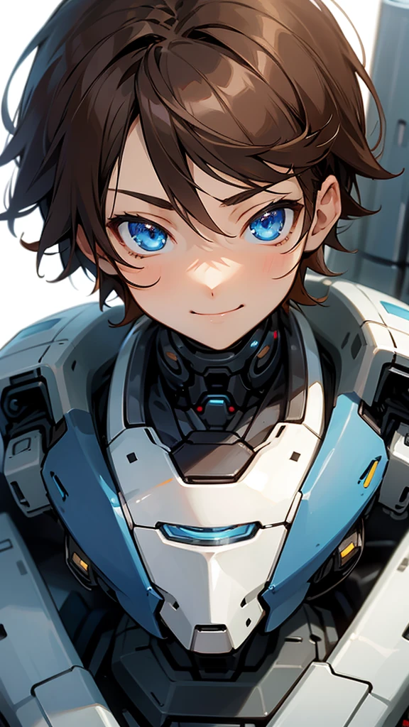 Anime boy, brown hair, blue eyes, smile, teen boy, cyborg, detail cyborg, cute face, muscle