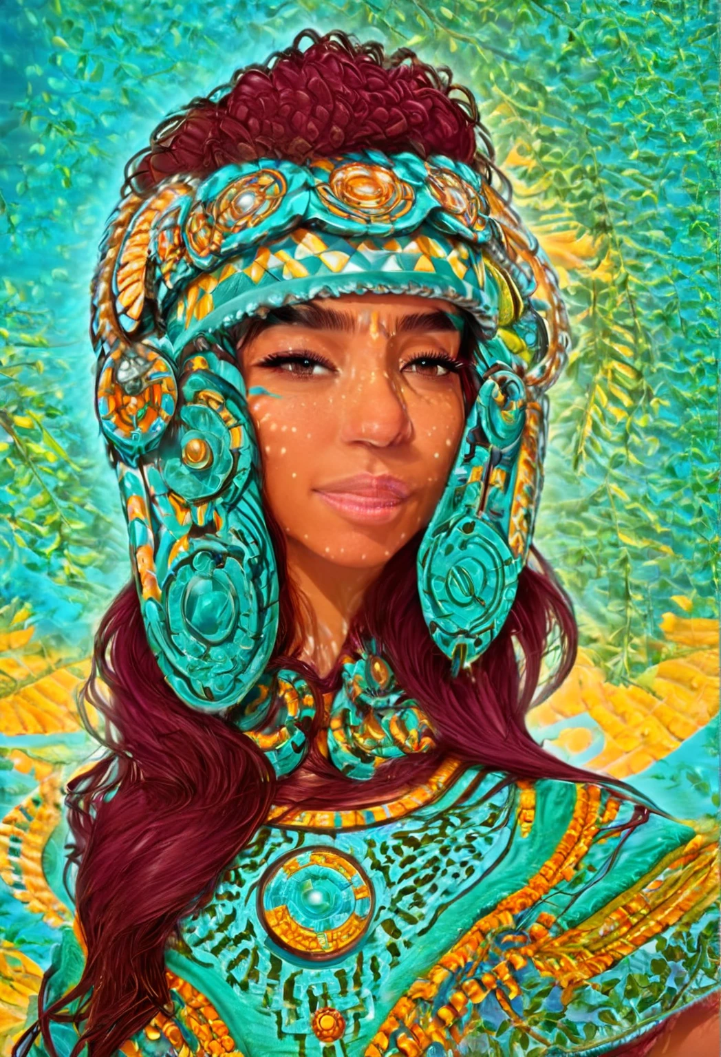 A youthful Latina woman, standing in the forest, with Mayan temples behind her. She is dressed in ancestral fashion with a futuristic modern style. Her headdress is like an ancient Aztec sculpture but with advanced tech, headphones headdress, aztec-mayan headdress, and LED lights. The year is 2222. She is set in a retro-futuristic world, surrounded by mystical sparkles that resemble blue-white blinking fireflies. The fusion of mystery and ancestry with advanced technology creates a unique atmosphere. Myan temples on in the distance. She is wearing a backpack and is shown from the waist up, heading to out on a quest to learn about ancient wisdom and new technology."
