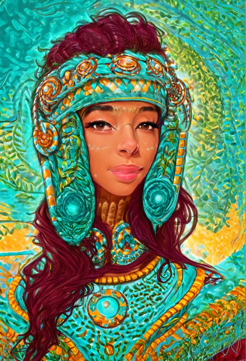 A youthful Latina woman, standing in the forest, with Mayan temples behind her. She is dressed in ancestral fashion with a futuristic modern style. Her headdress is like an ancient Aztec sculpture but with advanced tech, headphones headdress, aztec-mayan headdress, and LED lights. The year is 2222. She is set in a retro-futuristic world, surrounded by mystical sparkles that resemble blue-white blinking fireflies. The fusion of mystery and ancestry with advanced technology creates a unique atmosphere. Myan temples on in the distance. She is wearing a backpack and is shown from the waist up, heading to out on a quest to learn about ancient wisdom and new technology."