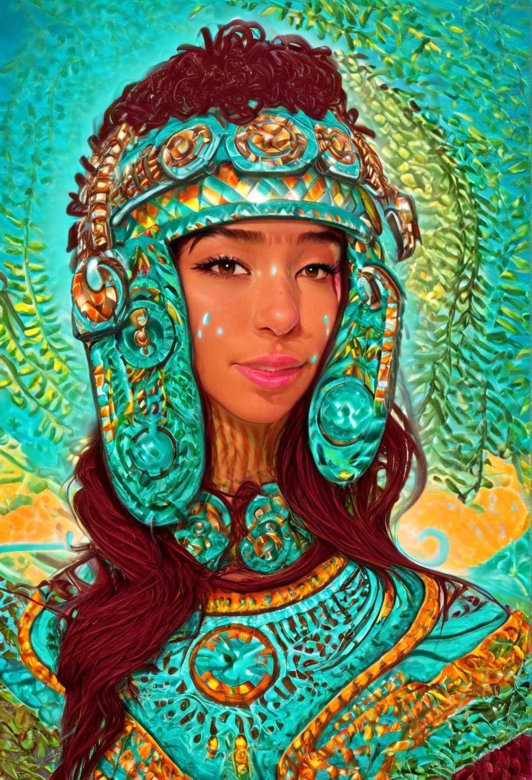 A youthful Latina woman, standing in the forest, with Mayan temples behind her. She is dressed in ancestral fashion with a futuristic modern style. Her headdress is like an ancient Aztec sculpture but with advanced tech, headphones headdress, aztec-mayan headdress, and LED lights. The year is 2222. She is set in a retro-futuristic world, surrounded by mystical sparkles that resemble blue-white blinking fireflies. The fusion of mystery and ancestry with advanced technology creates a unique atmosphere. Myan temples on in the distance. She is wearing a backpack and is shown from the waist up, heading to out on a quest to learn about ancient wisdom and new technology."
