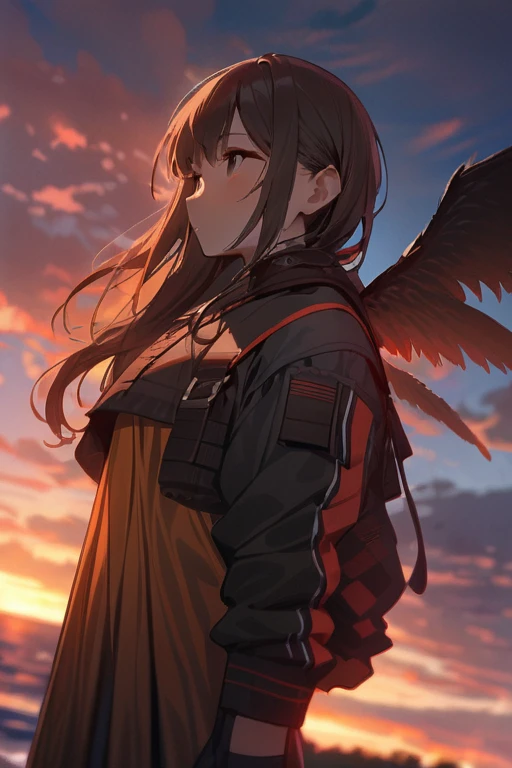 ((Best quality)), ((masterpiece)), (detailed), wings, girl, obaka, sunset