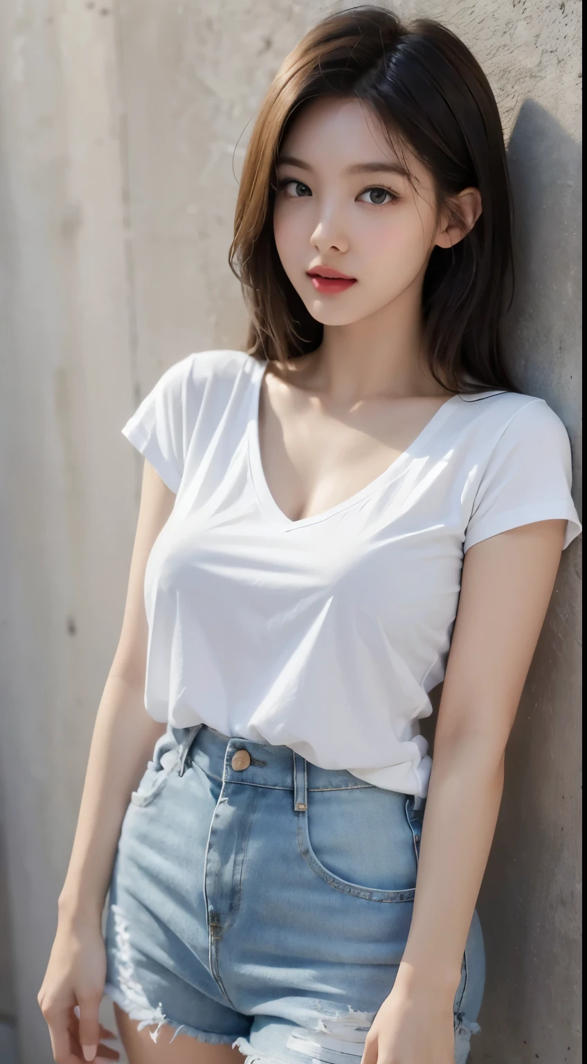 Girl wearing a white t-shirt and short jeans,very y and bigry beautiful face,Very detailed and beautiful,Cute beautiful woman with perfect body,dressing,happy expression,standing,((Making women the main focus)),High-definition face and skin texture,eye for detail,Highly detailed and focused chest