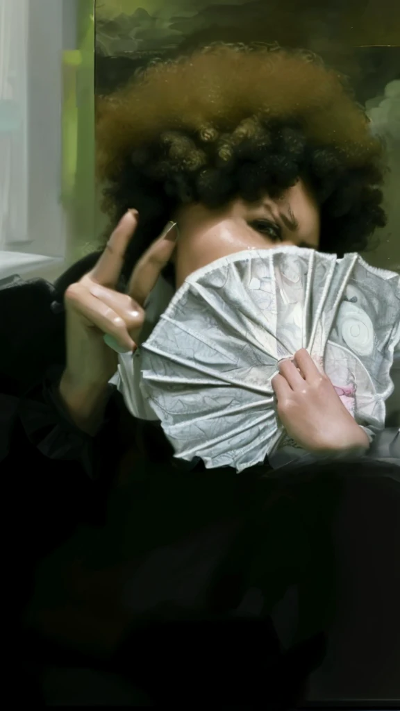 (best quality,4k,8k,highres,masterpiece:1.2),ultra-detailed,realistic,photorealistic:1.37, portrait, money fan covering her face, middle finger, curly afro
