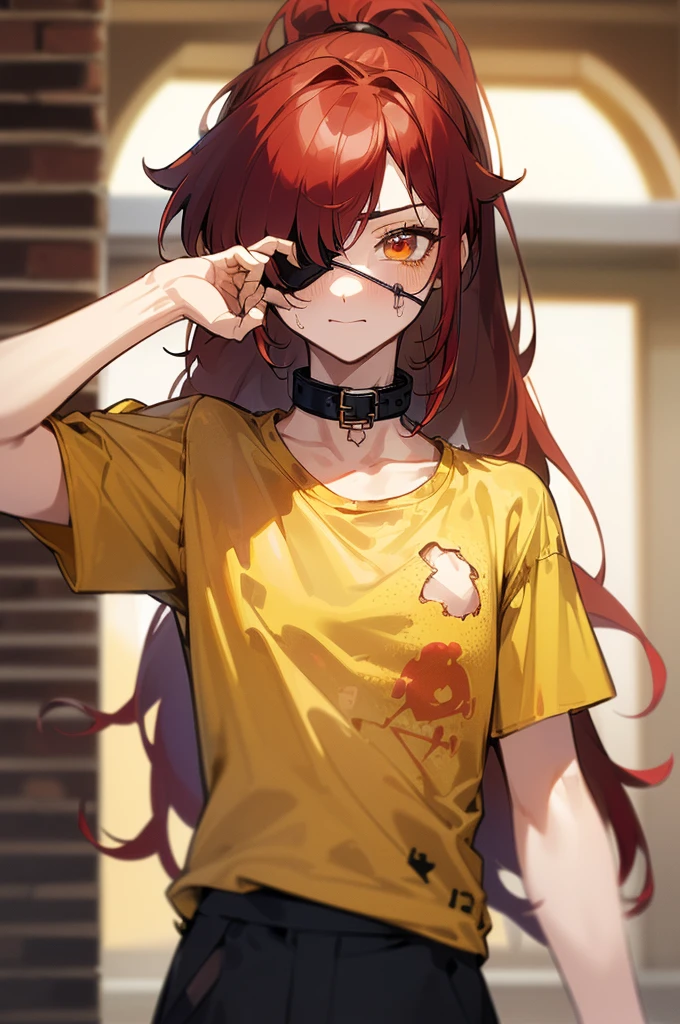 {masterpiece, distinct_image, extremely detailed CG, beautiful eyes and detailed face, 4k, 8k, high_resolution, perfect_finger, (beautiful_detailed_eyes:1.3), glitter, white_light,{1boy, face_focus,full body, looking for_in_viewer, standing},{miniboy, (tattered yellow T-shirt, iron_collar, black_right_eyepatch:1.5), (red_hair, red_eyes, long_hair, ponytail, hair_over_one_eye, one_eye_covered_with_hair, asymmetrical_bangs:1.4), wan_face, (brick_prison_indoor:1.3)}}