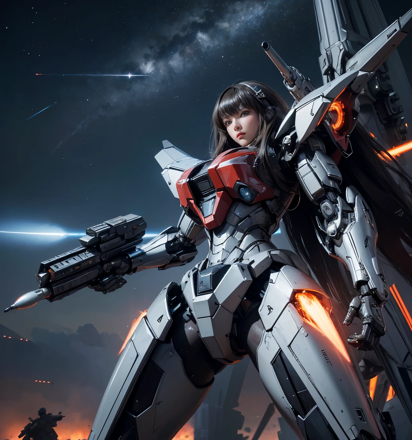  Super detailed, advanced details, high quality,  High resolution, 1080p, hard disk, beautiful,(Humanoid Weapons),Armor War,(Rocket Missile)Capture the big picture,beautiful,Mecha cyborg girl,battle mode,Mecha body girl,She is wearing a futuristic war machine weapon mecha