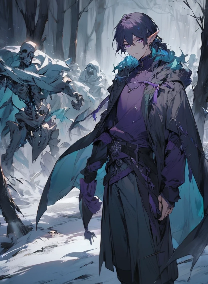 young man ,Male Dark, dark Woods, cold colors, Elf with puple eye, Warlock dnd , Skeleton army in background
