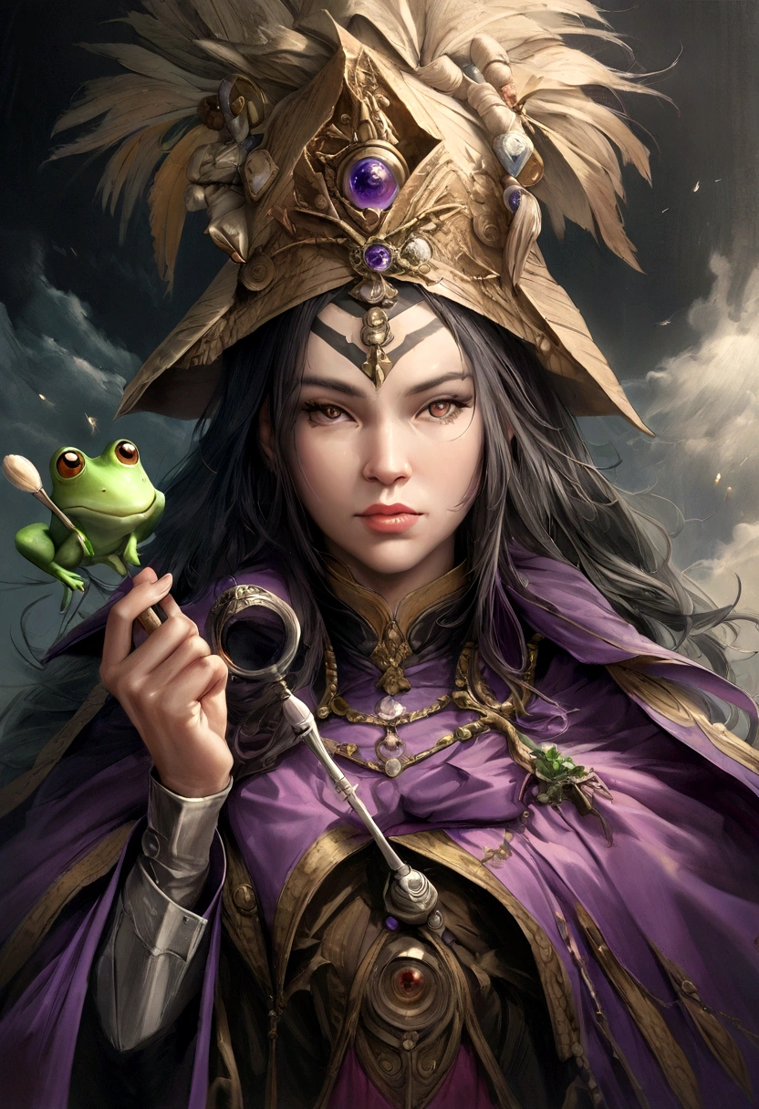 "(muitos detalhes, qualidade de obra-prima), Realistic tattoo illustration, A frog wearing purple wizard clothes and holding a magic wand" quero a palavra escrita MONAD na imagem.