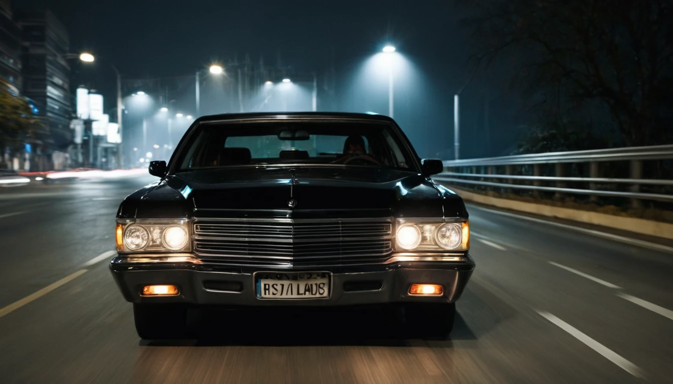 black car driving on the road, facing the camera, ominous night