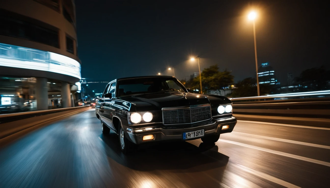black car driving on the road, facing the camera, ominous night