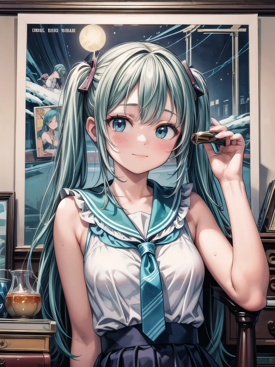 (masterpiece、highest quality、highest quality、Official Art、Beautiful and beautiful:1.2)、(One Girl:1.3)Hatsune Miku、Twin tails,Big Breasts,Poster of the girl who lost her smile, Glossy old advertising poster, Vintage Posters, Poster Vintage, Retro Posters, enoch bolles, 1940s propaganda posters, Joseph Brant, inspired by Art Frahm, beautiful retro art, art deco poster, Vintage Posters style, Hidden Ads, Trading card cover
