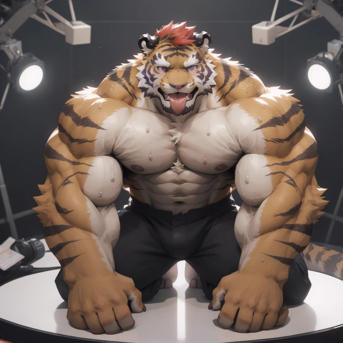 masterpiece, best quality, 8k resolution, Very detailed, hairy，tiger，Strong，Strong，Muscle lines，super muscles，Round Face，Red hair，Purple Eyes，Shirtless，blush，，Kneel down，Sweat，Sticking out tongue，shameful，For the audience，Hip bulge，Highest quality scenes，solitary，solitary，Video Studio，shot