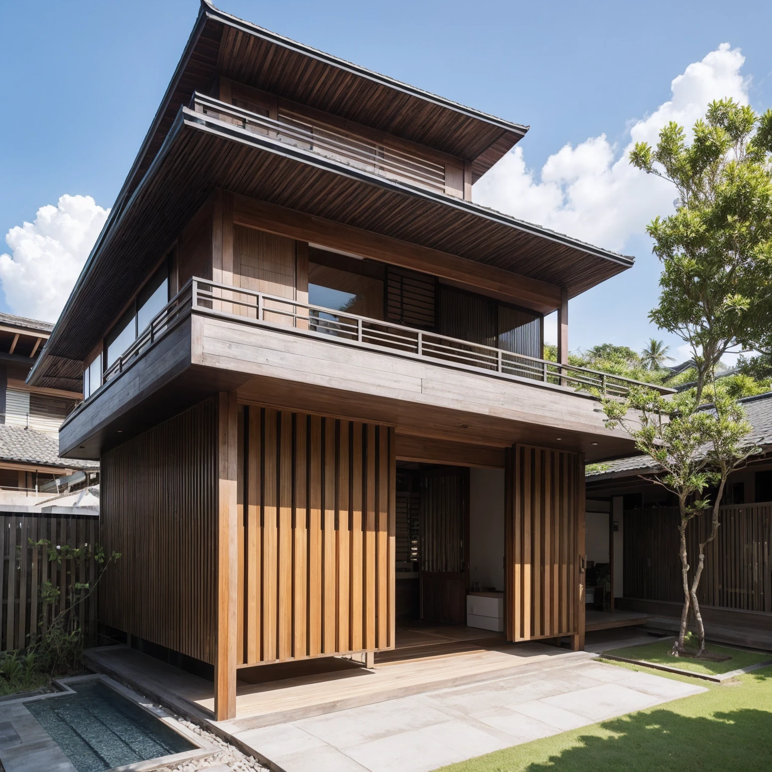 a house with a cool impression, a combination of Balinese and Japanese buildings, modern and minimalist, using wood materials