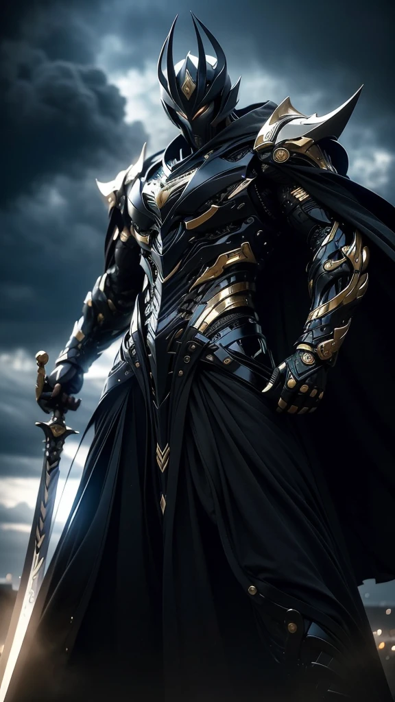A fierce warrior in full white armor, wearing a large black circle symbol on his chest, wielding a big sword, dynamic battle-ready pose, highly detailed armor textures, sharp sword, dramatic stormy sky background, vivid colors, masterpiece, 8k, photorealistic, chiaroscuro lighting, strong contrast, cinematic composition